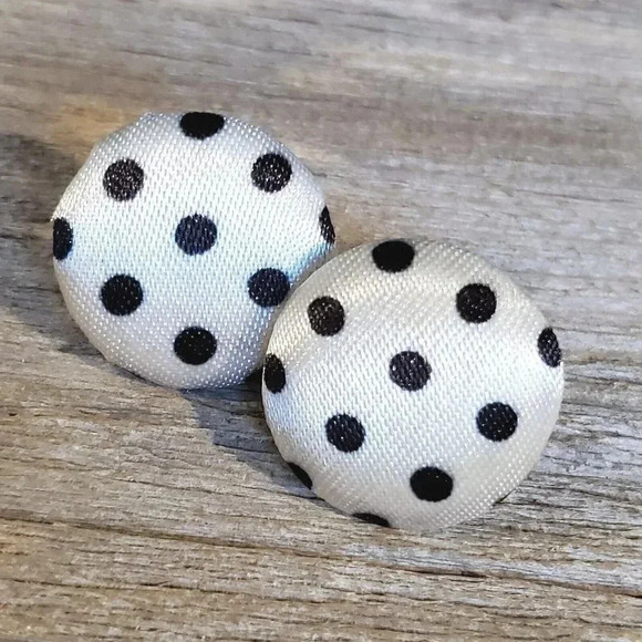 Polka Dot White Black Pretty Woman Round Silk Blend Fabric Button Earrings - Picture 1 of 7